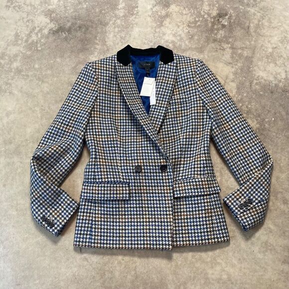 J Crew‎ Dover Blazer Womens 0 Houndstooth Wool Velvet Collar Brown Blue Tweed